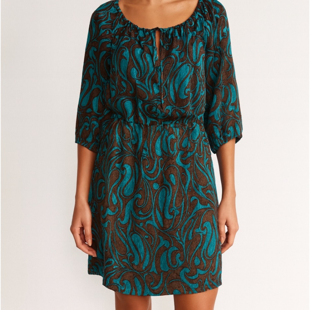 Trina Turk 100% Silk Satin Texture Brown Teal Paisley Mini Dress 4 Elastic Waist